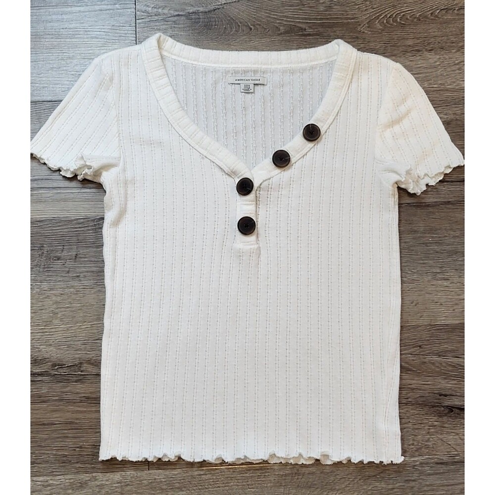 AMERICAN EAGLE top size small ivory ribbed henley short sleeve fitted y2k